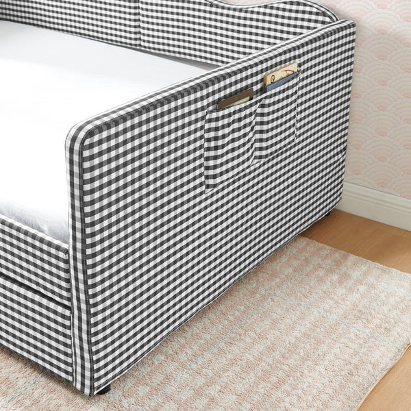 English Elm Full‑size Gingham Upholstered Daybed with Pull-out Trundle and Side Storage Pocket Black W487S00579