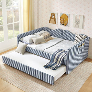 English Elm Full‑size Gingham Upholstered Daybed with Pull-out Trundle and Side Storage Pocket Blue W487S00580