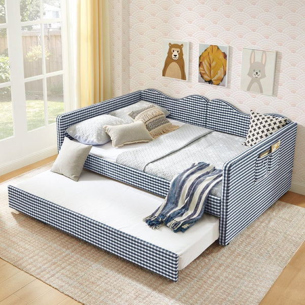 English Elm Full‑size Gingham Upholstered Daybed with Pull-out Trundle and Side Storage Pocket Blue W487S00580