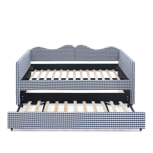 English Elm Full‑size Gingham Upholstered Daybed with Pull-out Trundle and Side Storage Pocket Blue W487S00580