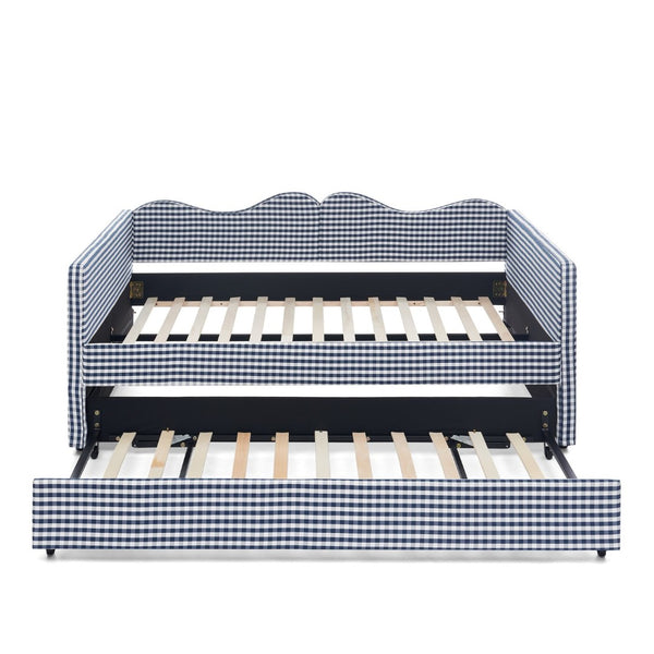 English Elm Full‑size Gingham Upholstered Daybed with Pull-out Trundle and Side Storage Pocket Blue W487S00580