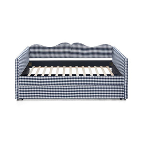 English Elm Full‑size Gingham Upholstered Daybed with Pull-out Trundle and Side Storage Pocket Blue W487S00580