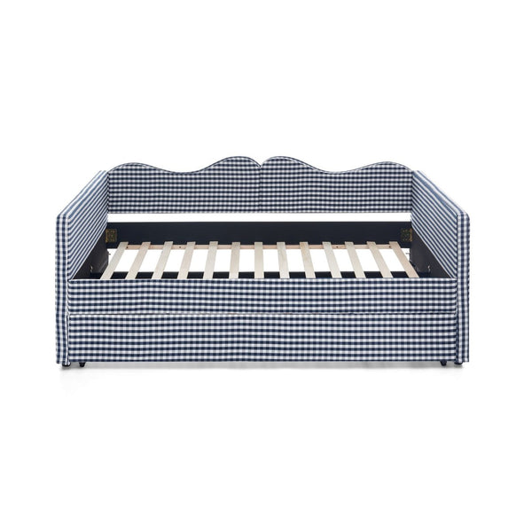 English Elm Full‑size Gingham Upholstered Daybed with Pull-out Trundle and Side Storage Pocket Blue W487S00580