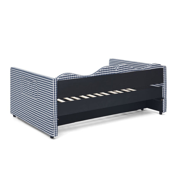 English Elm Full‑size Gingham Upholstered Daybed with Pull-out Trundle and Side Storage Pocket Blue W487S00580