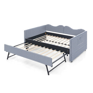 English Elm Full‑size Gingham Upholstered Daybed with Pull-out Trundle and Side Storage Pocket Blue W487S00580