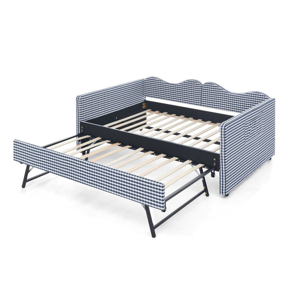 English Elm Full‑size Gingham Upholstered Daybed with Pull-out Trundle and Side Storage Pocket Blue W487S00580
