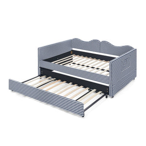 English Elm Full‑size Gingham Upholstered Daybed with Pull-out Trundle and Side Storage Pocket Blue W487S00580