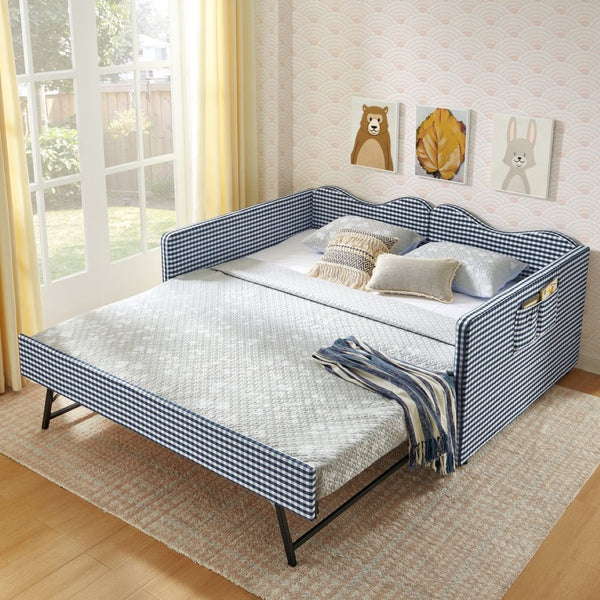 English Elm Full‑size Gingham Upholstered Daybed with Pull-out Trundle and Side Storage Pocket Blue W487S00580