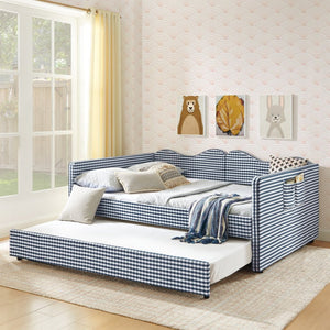English Elm Full‑size Gingham Upholstered Daybed with Pull-out Trundle and Side Storage Pocket Blue W487S00580