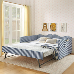 English Elm Full‑size Gingham Upholstered Daybed with Pull-out Trundle and Side Storage Pocket Blue W487S00580
