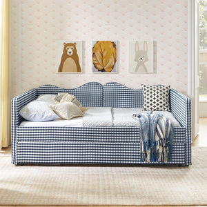 English Elm Full‑size Gingham Upholstered Daybed with Pull-out Trundle and Side Storage Pocket Blue W487S00580
