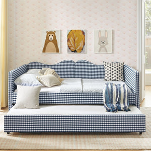 English Elm Full‑size Gingham Upholstered Daybed with Pull-out Trundle and Side Storage Pocket Blue W487S00580