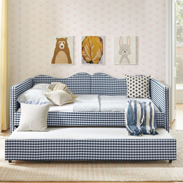 English Elm Full‑size Gingham Upholstered Daybed with Pull-out Trundle and Side Storage Pocket Blue W487S00580