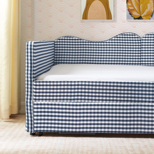English Elm Full‑size Gingham Upholstered Daybed with Pull-out Trundle and Side Storage Pocket Blue W487S00580