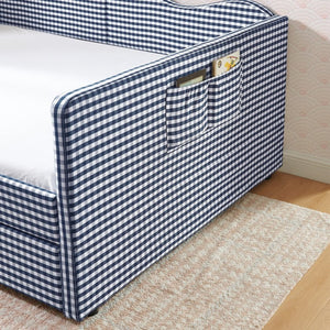 English Elm Full‑size Gingham Upholstered Daybed with Pull-out Trundle and Side Storage Pocket Blue W487S00580