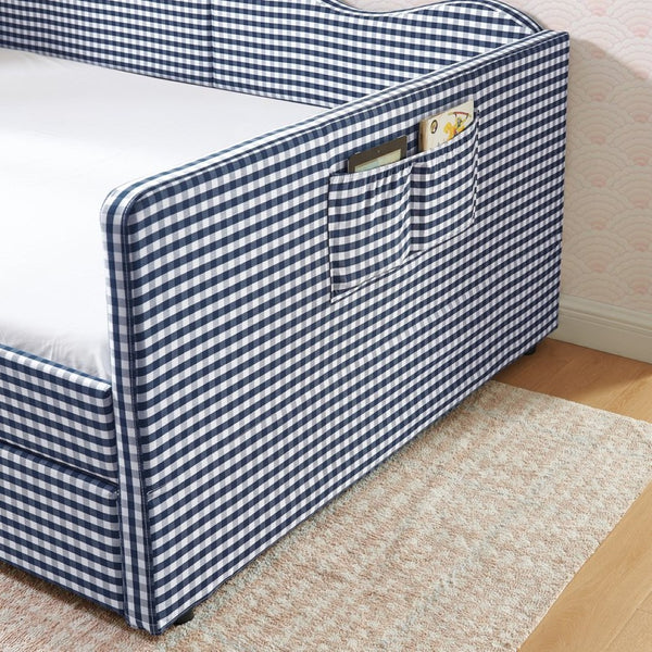 English Elm Full‑size Gingham Upholstered Daybed with Pull-out Trundle and Side Storage Pocket Blue W487S00580