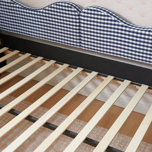 English Elm Full‑size Gingham Upholstered Daybed with Pull-out Trundle and Side Storage Pocket Blue W487S00580