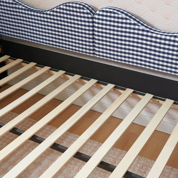 English Elm Full‑size Gingham Upholstered Daybed with Pull-out Trundle and Side Storage Pocket Blue W487S00580