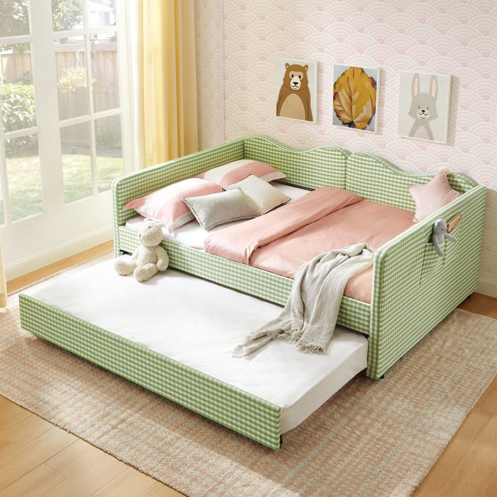 English Elm Full‑size Gingham Upholstered Daybed with Pull-out Trundle and Side Storage Pocket Green W487S00581