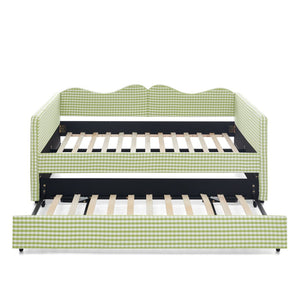 English Elm Full‑size Gingham Upholstered Daybed with Pull-out Trundle and Side Storage Pocket Green W487S00581