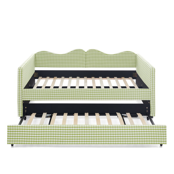 English Elm Full‑size Gingham Upholstered Daybed with Pull-out Trundle and Side Storage Pocket Green W487S00581