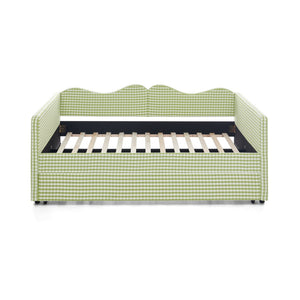 English Elm Full‑size Gingham Upholstered Daybed with Pull-out Trundle and Side Storage Pocket Green W487S00581