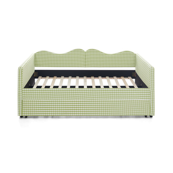 English Elm Full‑size Gingham Upholstered Daybed with Pull-out Trundle and Side Storage Pocket Green W487S00581