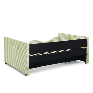 English Elm Full‑size Gingham Upholstered Daybed with Pull-out Trundle and Side Storage Pocket Green W487S00581