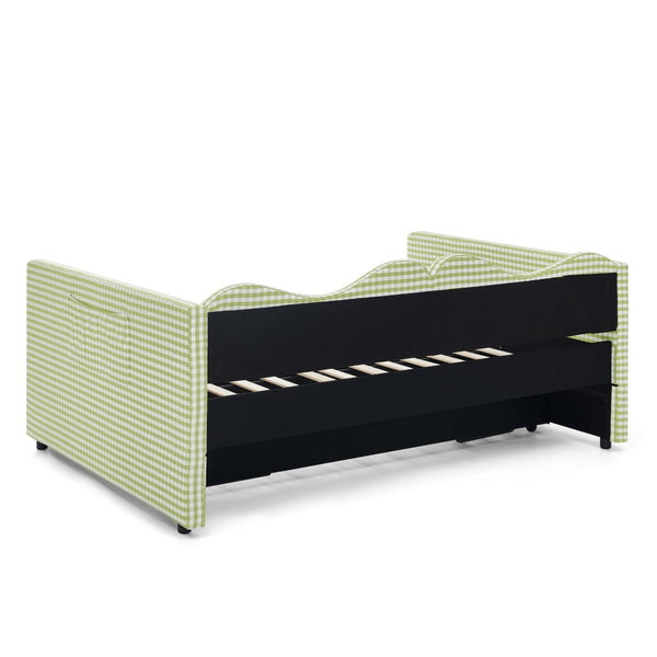 English Elm Full‑size Gingham Upholstered Daybed with Pull-out Trundle and Side Storage Pocket Green W487S00581