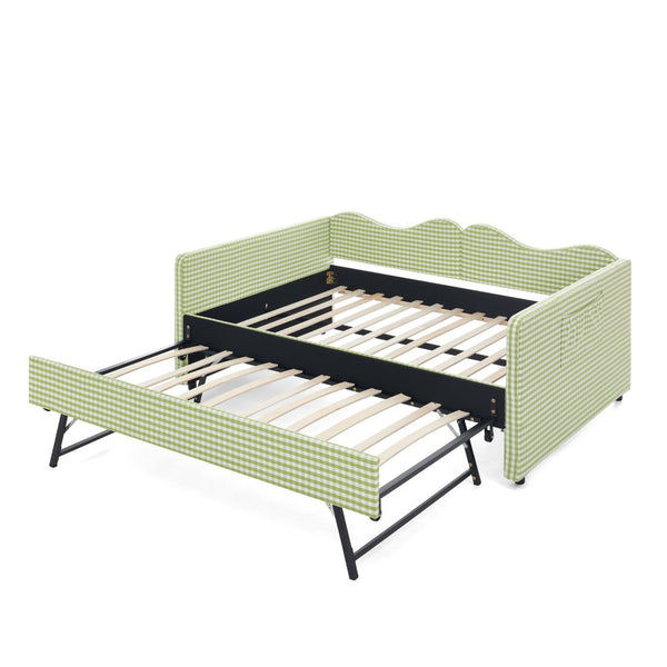 English Elm Full‑size Gingham Upholstered Daybed with Pull-out Trundle and Side Storage Pocket Green W487S00581