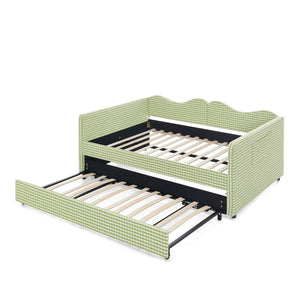 English Elm Full‑size Gingham Upholstered Daybed with Pull-out Trundle and Side Storage Pocket Green W487S00581