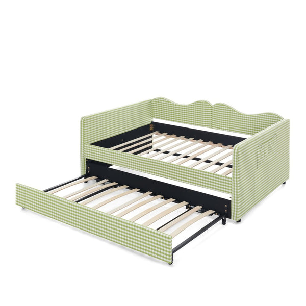 English Elm Full‑size Gingham Upholstered Daybed with Pull-out Trundle and Side Storage Pocket Green W487S00581