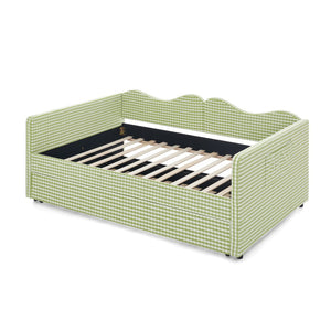 English Elm Full‑size Gingham Upholstered Daybed with Pull-out Trundle and Side Storage Pocket Green W487S00581