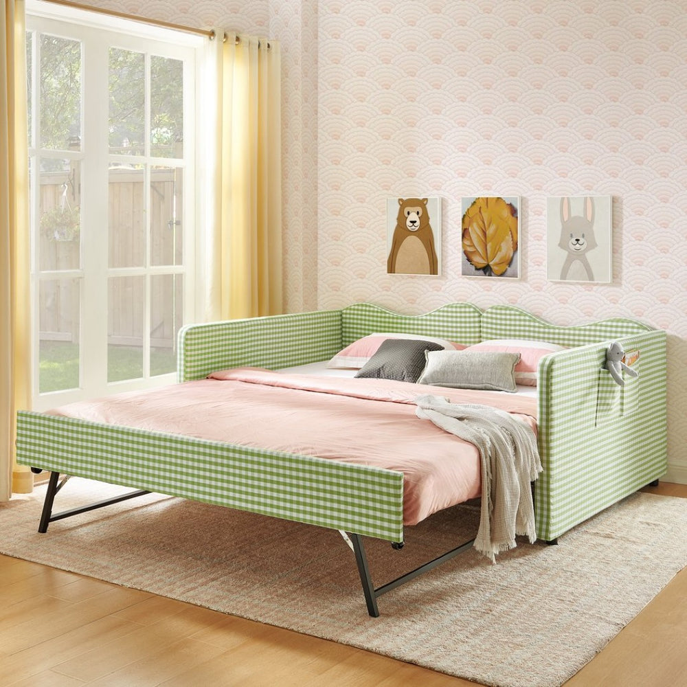 English Elm Full‑size Gingham Upholstered Daybed with Pull-out Trundle and Side Storage Pocket Green W487S00581