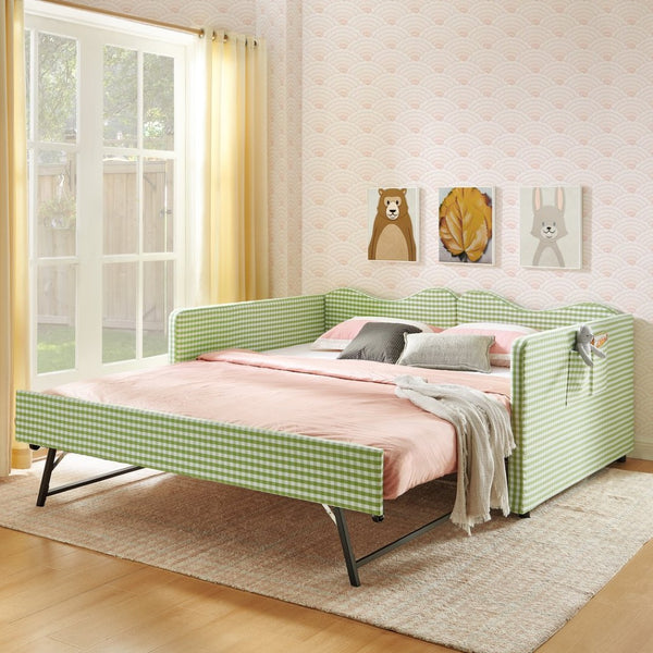 English Elm Full‑size Gingham Upholstered Daybed with Pull-out Trundle and Side Storage Pocket Green W487S00581