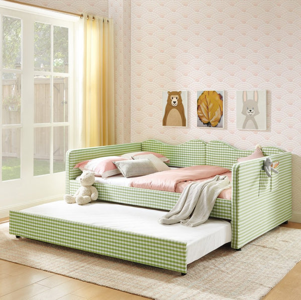 English Elm Full‑size Gingham Upholstered Daybed with Pull-out Trundle and Side Storage Pocket Green W487S00581