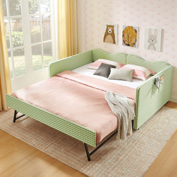 English Elm Full‑size Gingham Upholstered Daybed with Pull-out Trundle and Side Storage Pocket Green W487S00581