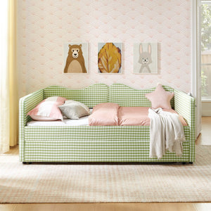 English Elm Full‑size Gingham Upholstered Daybed with Pull-out Trundle and Side Storage Pocket Green W487S00581