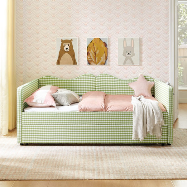 English Elm Full‑size Gingham Upholstered Daybed with Pull-out Trundle and Side Storage Pocket Green W487S00581