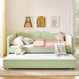 English Elm Full‑size Gingham Upholstered Daybed with Pull-out Trundle and Side Storage Pocket Green W487S00581