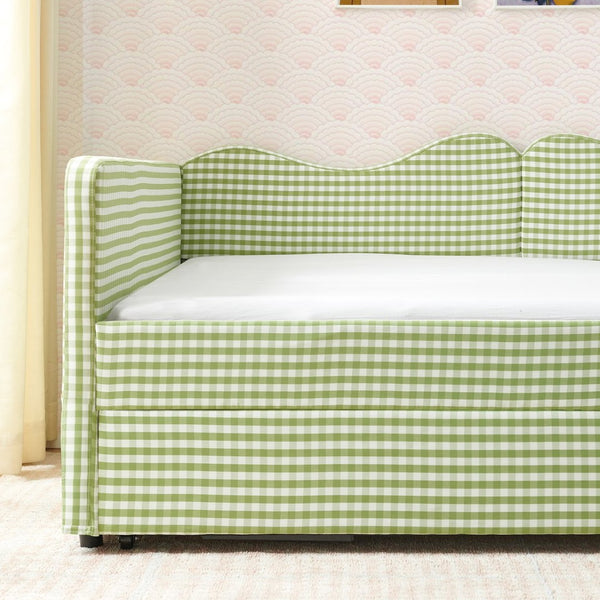 English Elm Full‑size Gingham Upholstered Daybed with Pull-out Trundle and Side Storage Pocket Green W487S00581