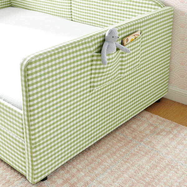 English Elm Full‑size Gingham Upholstered Daybed with Pull-out Trundle and Side Storage Pocket Green W487S00581