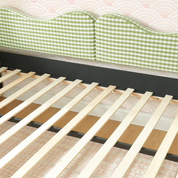English Elm Full‑size Gingham Upholstered Daybed with Pull-out Trundle and Side Storage Pocket Green W487S00581