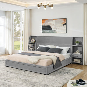 English Elm King Platform Bed Glossy Velvet Headboard Built in Shelves Drawers Modern Bedroom Gray W487S00587