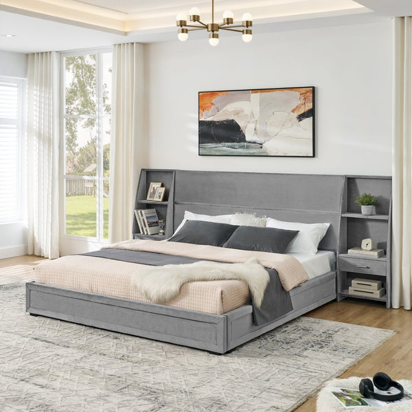 English Elm King Platform Bed Glossy Velvet Headboard Built in Shelves Drawers Modern Bedroom Gray W487S00587