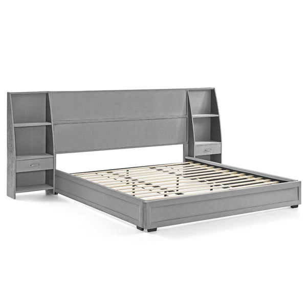 English Elm King Platform Bed Glossy Velvet Headboard Built in Shelves Drawers Modern Bedroom Gray W487S00587