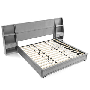 English Elm King Platform Bed Glossy Velvet Headboard Built in Shelves Drawers Modern Bedroom Gray W487S00587