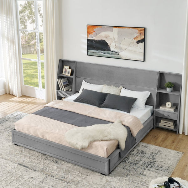 English Elm King Platform Bed Glossy Velvet Headboard Built in Shelves Drawers Modern Bedroom Gray W487S00587