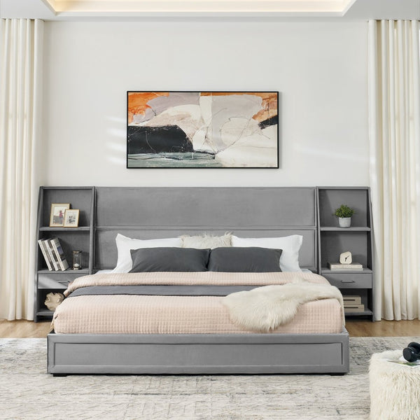 English Elm King Platform Bed Glossy Velvet Headboard Built in Shelves Drawers Modern Bedroom Gray W487S00587