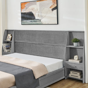 English Elm King Platform Bed Glossy Velvet Headboard Built in Shelves Drawers Modern Bedroom Gray W487S00587